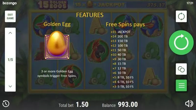15 Golden Eggs Slots made by Booongo - Free Spins Feature