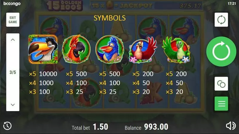 15 Golden Eggs Slots made by Booongo - Paytable