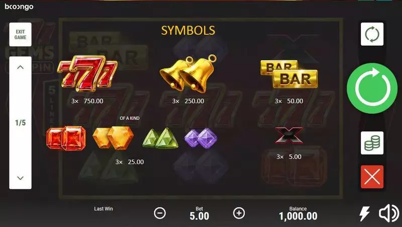 777 Gems: Respin Slots made by Booongo - Paytable