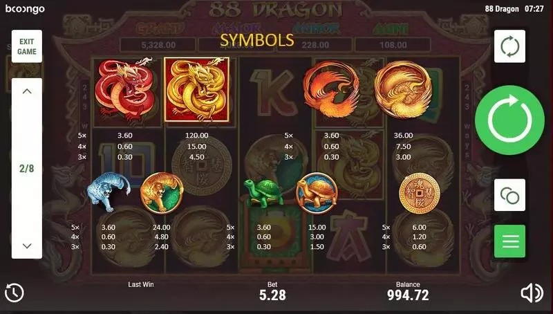 88 Dragon Slots made by Booongo - Paytable