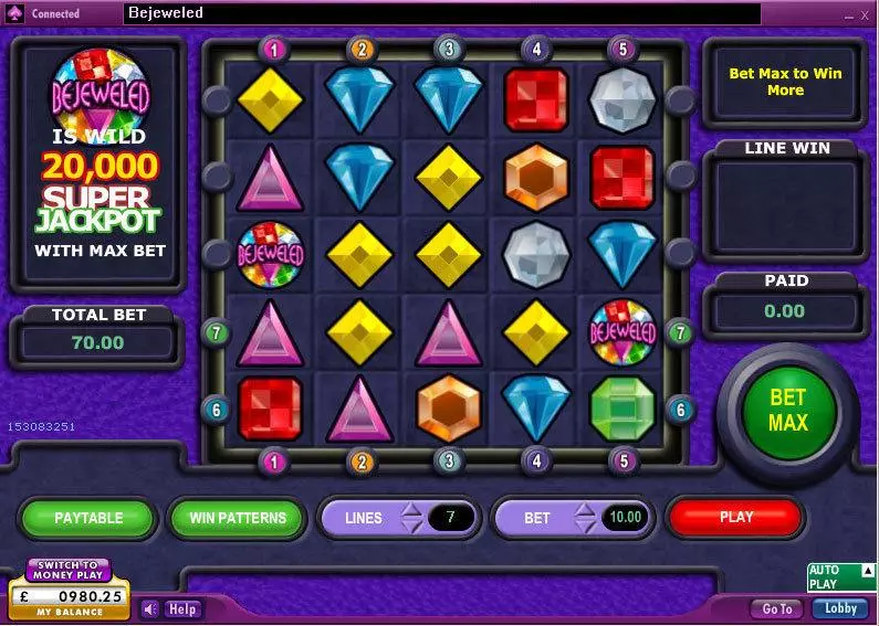 Bejeweled Slots made by 888 - Main Screen Reels