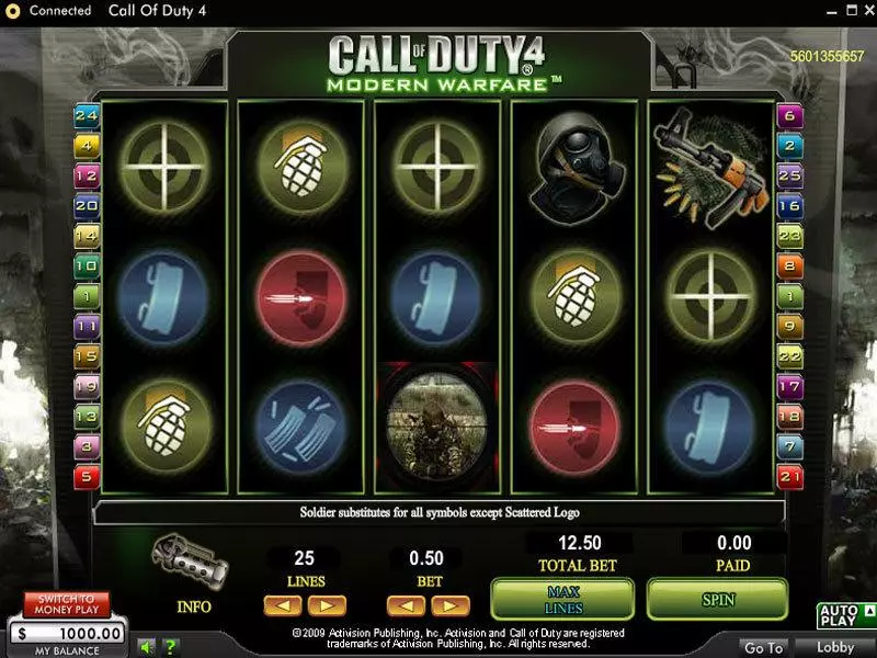 Call of Duty 4 Modern Warfare Slots made by 888 - Main Screen Reels