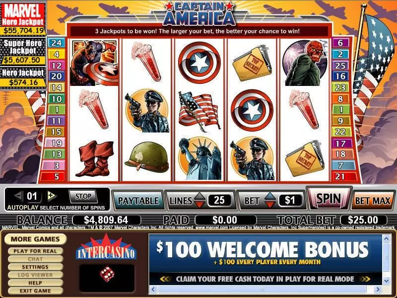 Captain America Slots made by CryptoLogic - Main Screen Reels
