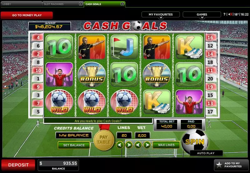 Cash Goals Slots made by 888 - Main Screen Reels