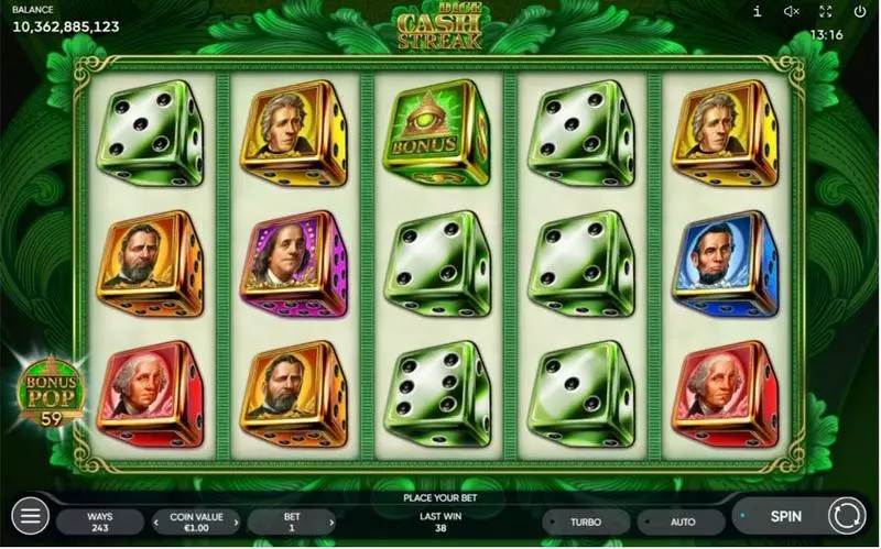 Cash Streak Dice Slots made by Endorphina - Main Screen Reels