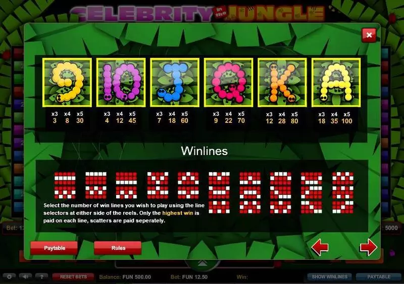 Celebrity in the Jungle Slots made by 1x2 Gaming - Paytable