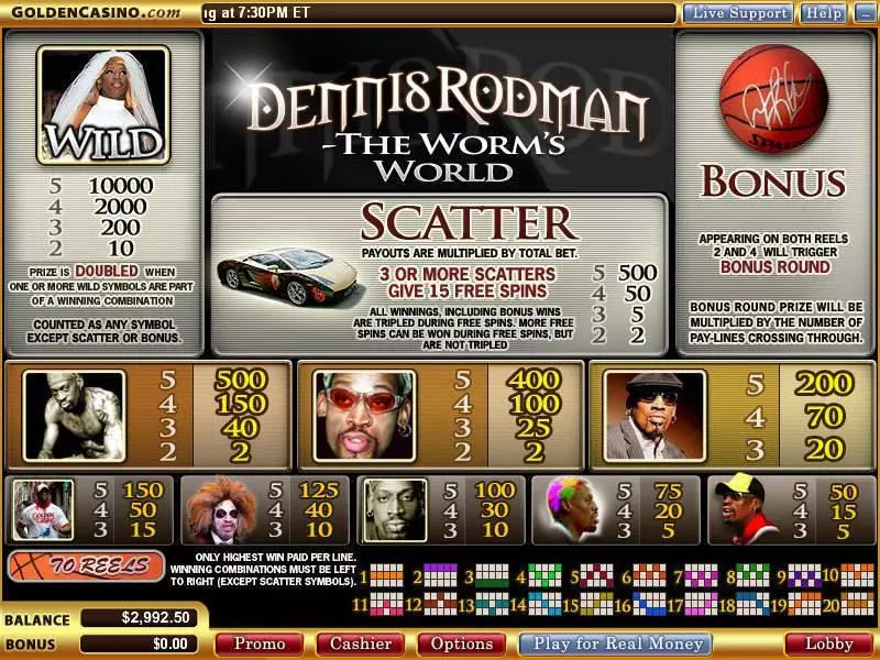 Dennis Rodman - The Worm's World Slots made by Vegas Technology - Info and Rules