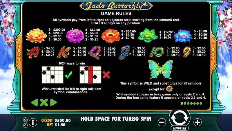 Jade Butterfly Slots made by Pragmatic Play - Paytable