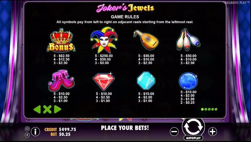 Joker's Jewels Slots made by Pragmatic Play - Paytable