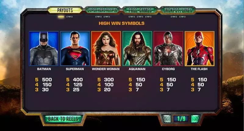 Justice League Slots made by PlayTech - Paytable