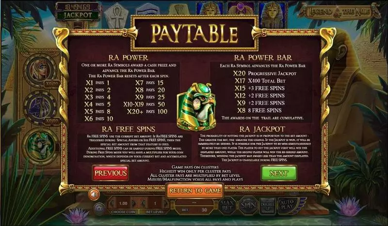 Legend of the Nile Slots made by BetSoft - Paytable