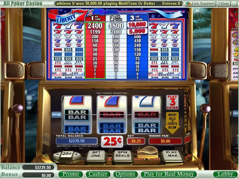 Liberty 7's Slots made by WGS Technology - Main Screen Reels