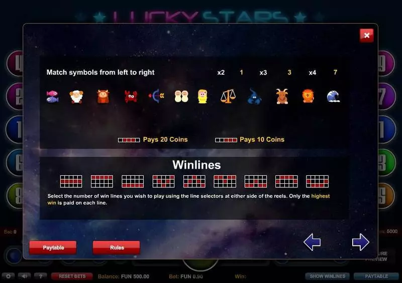 Lucky Stars Slots made by 1x2 Gaming - Paytable
