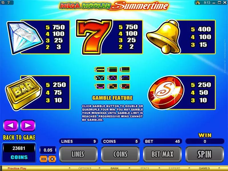 Mega Moolah Summertime Slots made by Microgaming - Info and Rules