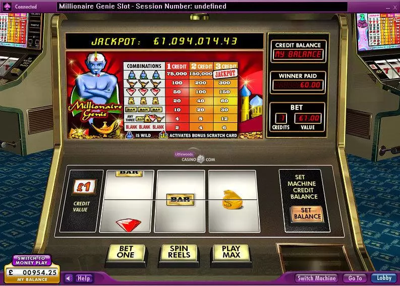 Millionaire Genie Slots made by 888 - Main Screen Reels