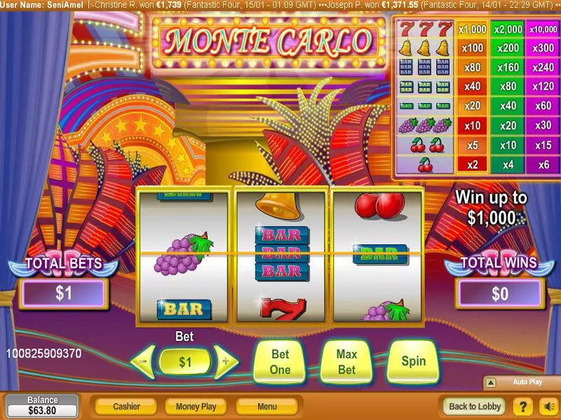 Monte Carlo Slots made by NeoGames - Main Screen Reels