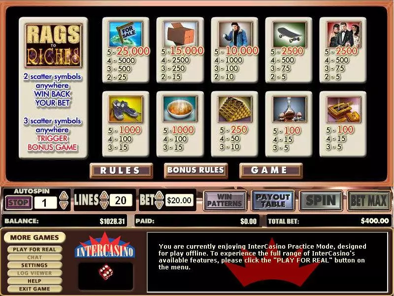 Rags to Riches 20 Lines Slots made by CryptoLogic - Info and Rules