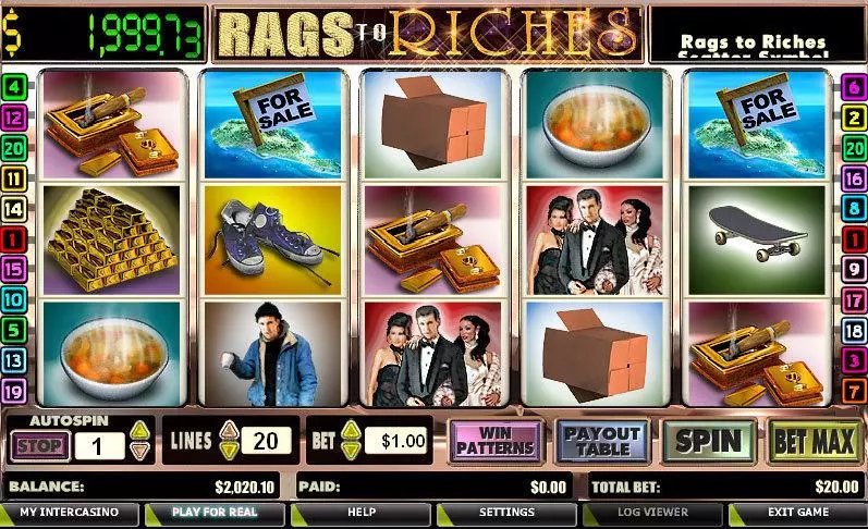 Rags to Riches 20 Lines Slots made by CryptoLogic - Main Screen Reels