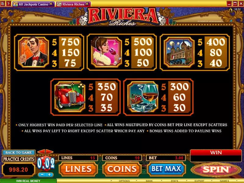 Riviera Riches Slots made by Microgaming - Info and Rules