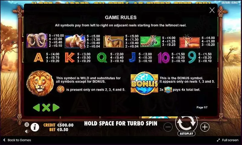 Safari King Slots made by Pragmatic Play - Paytable