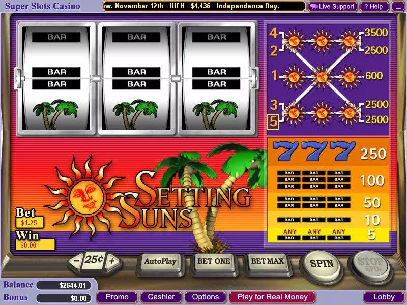 Setting Suns Slots made by Vegas Technology - Main Screen Reels