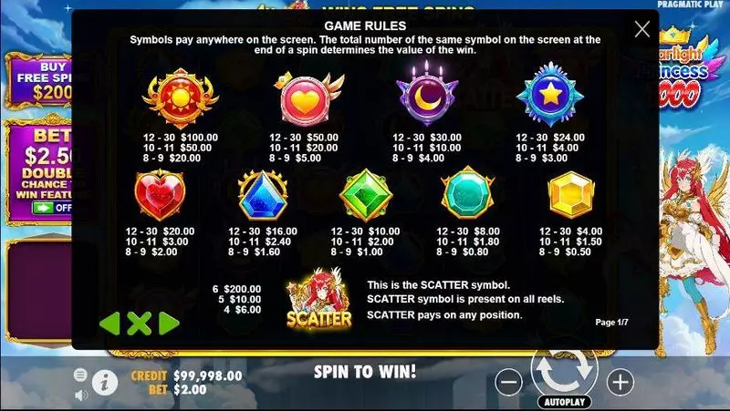Starlight Princess 1000 Slots made by Pragmatic Play - Paytable