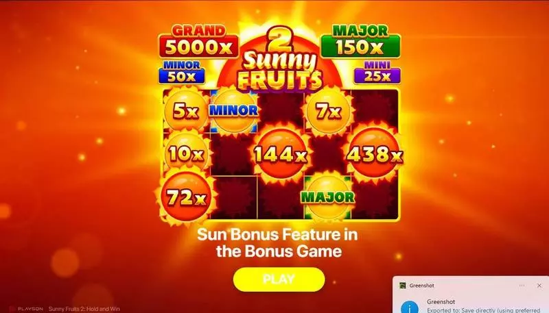 Sunny Fruits 2: Hold and Win Slots made by Playson - Introduction Screen