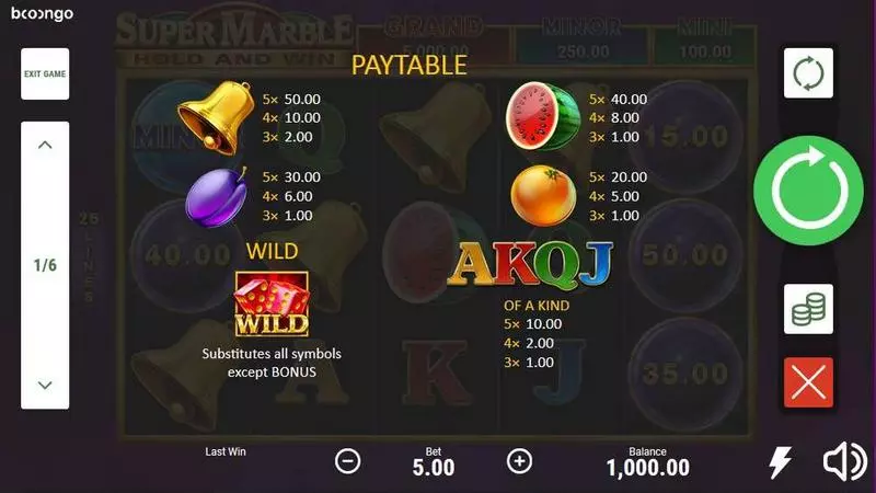 Super Marble Slots made by Booongo - Paytable