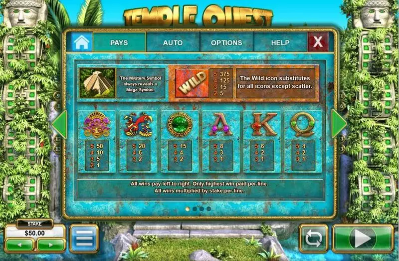 Temple Quest Spinfinity Slots made by Big Time Gaming - Paytable
