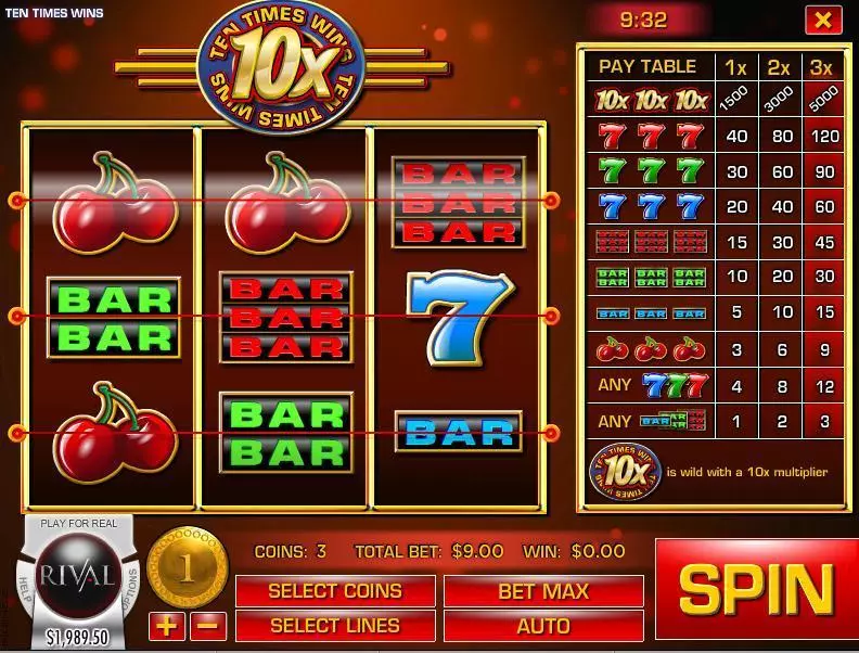 Ten Times Wins Slots made by Rival - Main Screen Reels