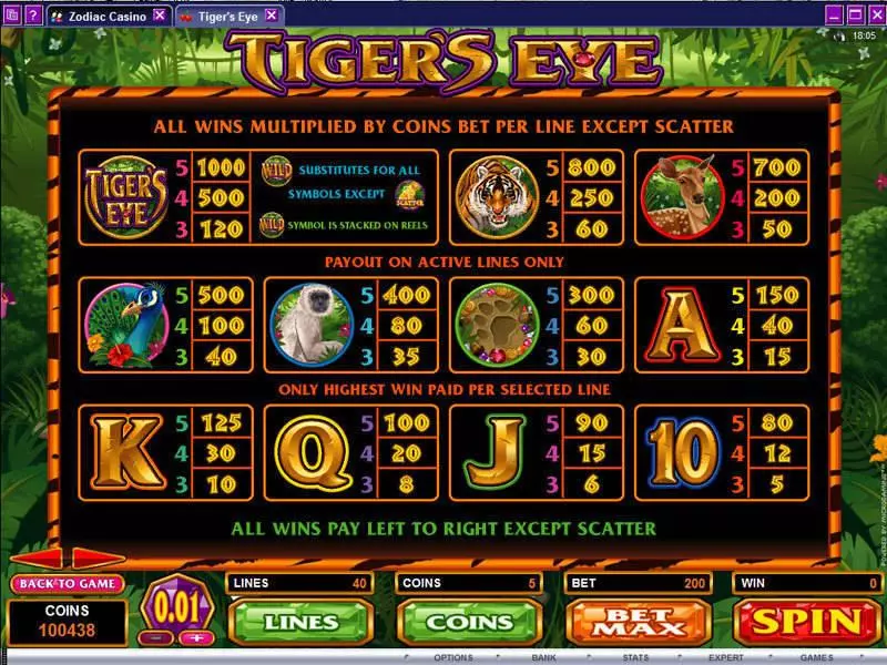 Tiger's Eye Slots made by Microgaming - Info and Rules