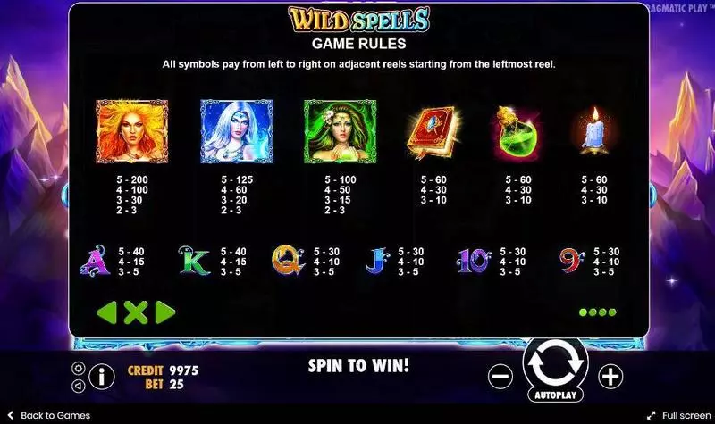 Wild Spells Slots made by Pragmatic Play - Paytable