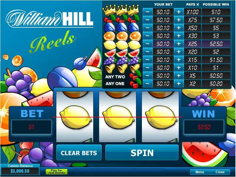 William Hill Reels Slots made by PlayTech - Main Screen Reels