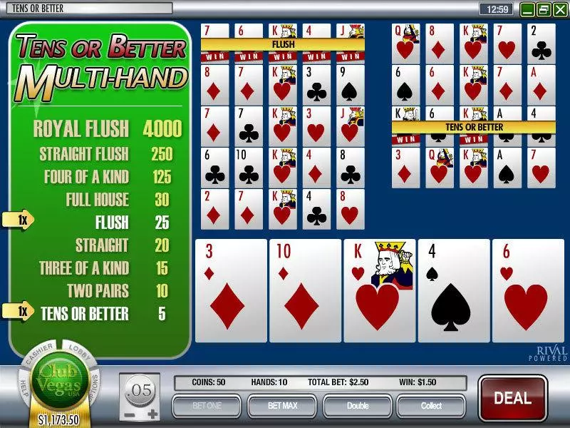 Tens or Better 10 Hand Poker made by Rival - Introduction Screen