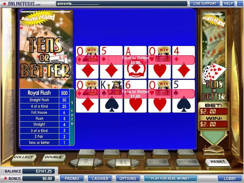 Tens or Better 2 Hands Poker made by WGS Technology - Introduction Screen