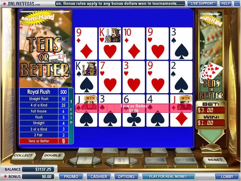 Tens or Better 3 Hands Poker made by WGS Technology - Introduction Screen