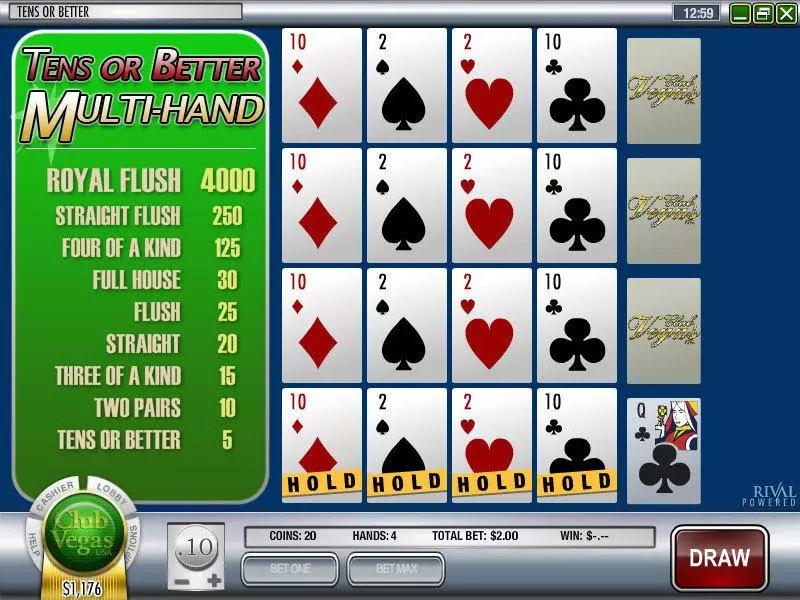 Tens or Better 4 Hand Poker made by Rival - Introduction Screen