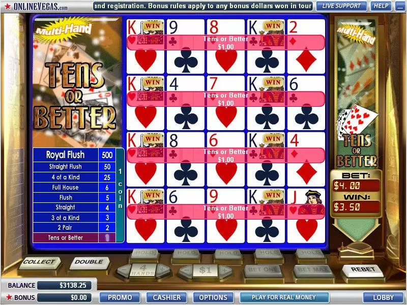 Tens or Better 4 Hands Poker made by WGS Technology - Introduction Screen